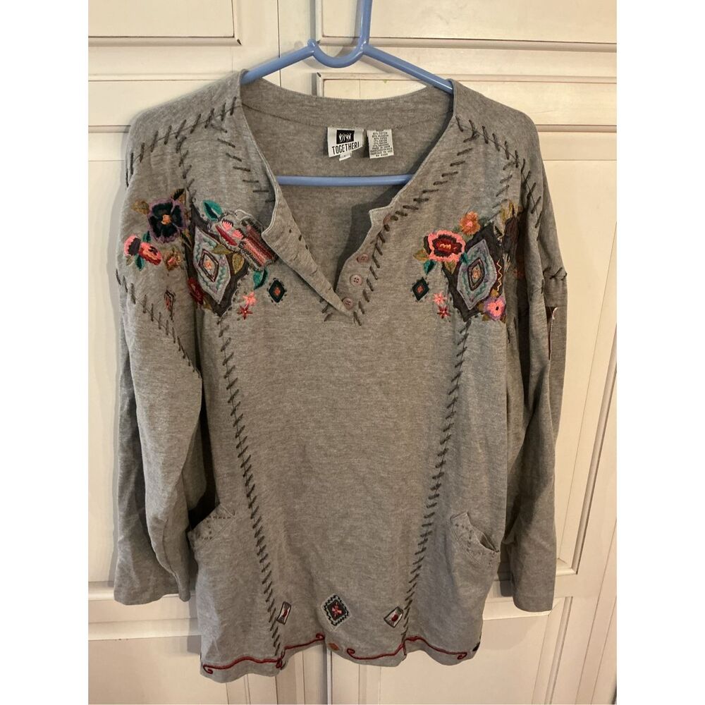 Together! Henley Style Sweatshirt Sz L Embroidery Boho Grannycore
